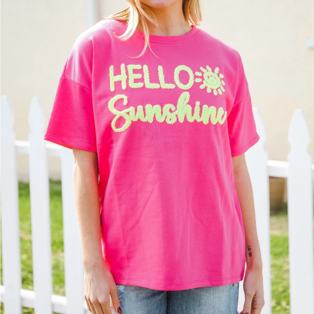 Hello Sunshine Pink/Yellow Embroidered French Terry Pullover